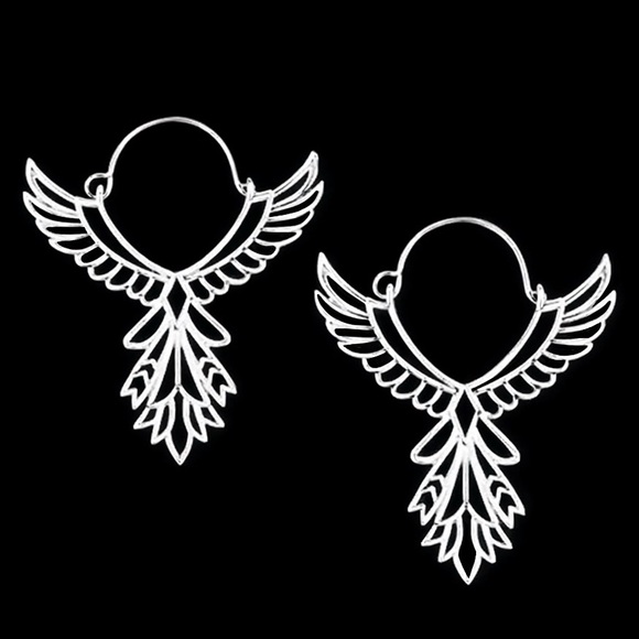 “Thunderbird” Phoenix Silver Guardian Angel Festival Native American Wing Hoops - Picture 2 of 13